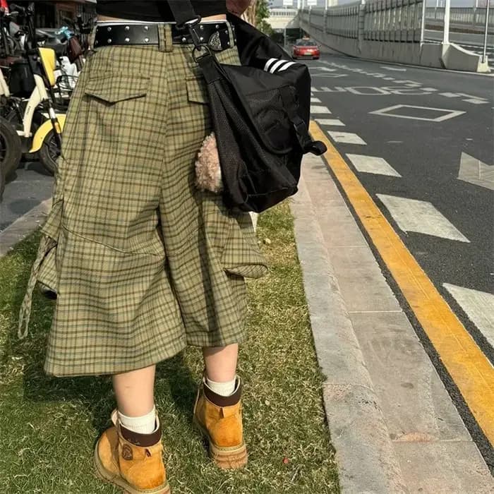 Street Plaid grande poche vêtements de travail pantacourt pour hommes femmes 2025 été nouveau Style américain ample marque à la mode pantalon à jambes larges