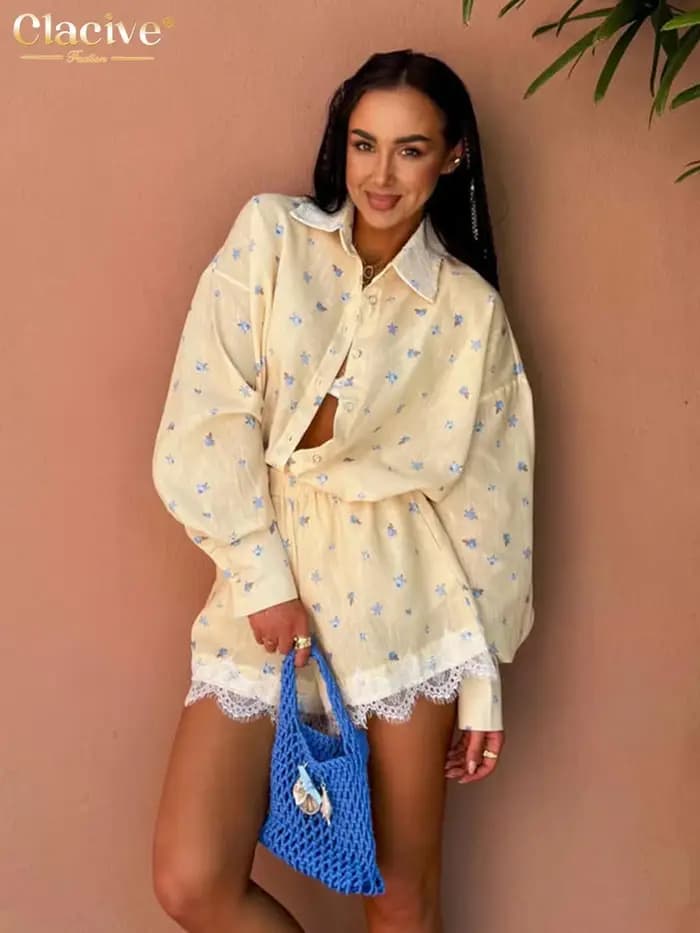 Ensemble 2 pièces imprimé ample Clacive Fashion pour femme – Chemise élégante à manches longues et short taille haute – Vêtements féminins Streetwear