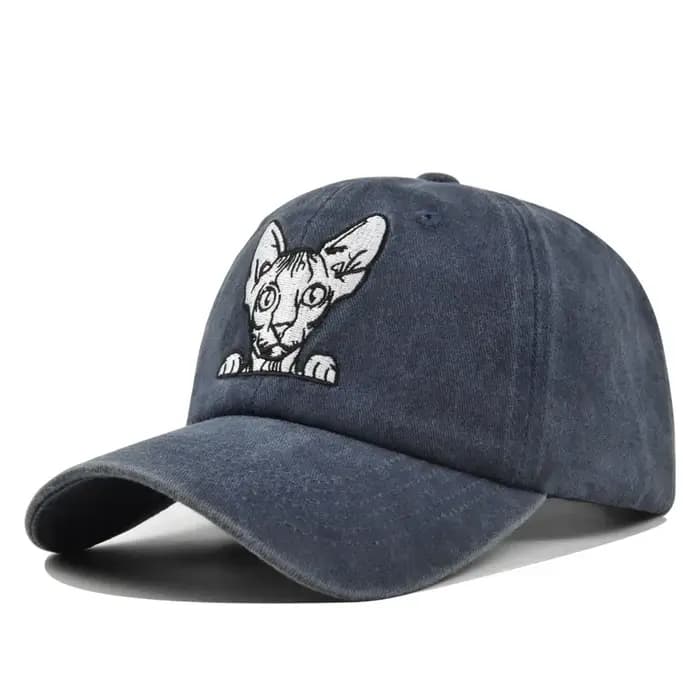 Casquette de baseball en jean brodée motif chat mignon, réglable, unisexe, vintage, en coton délavé,