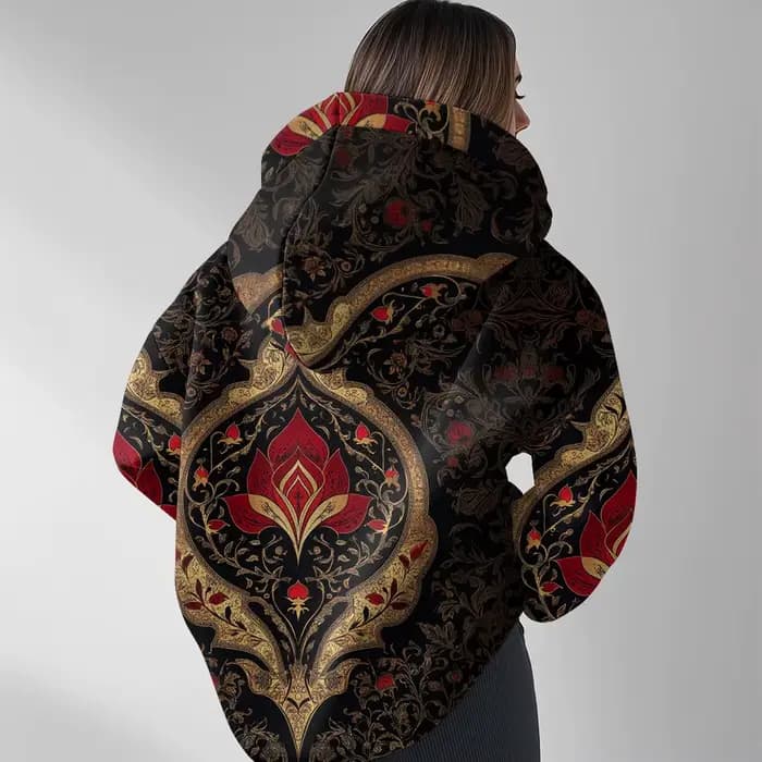 Sweat à capuche Boho maximaliste pour femme, rétro, coupe ample, col en v, avec luxueux totem floral rouge et doré, pull à la mode d'hiver