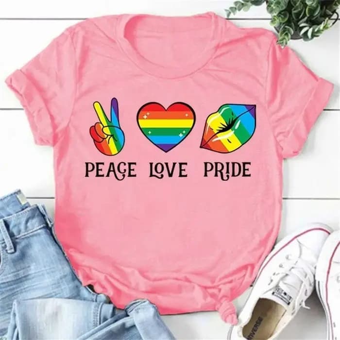T-shirt manches courtes col rond femme, Peace Love Pride, coloré, imprimé