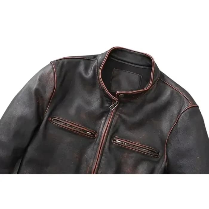 Blouson en cuir homme, court et slim, vintage, rouge, marron, automne