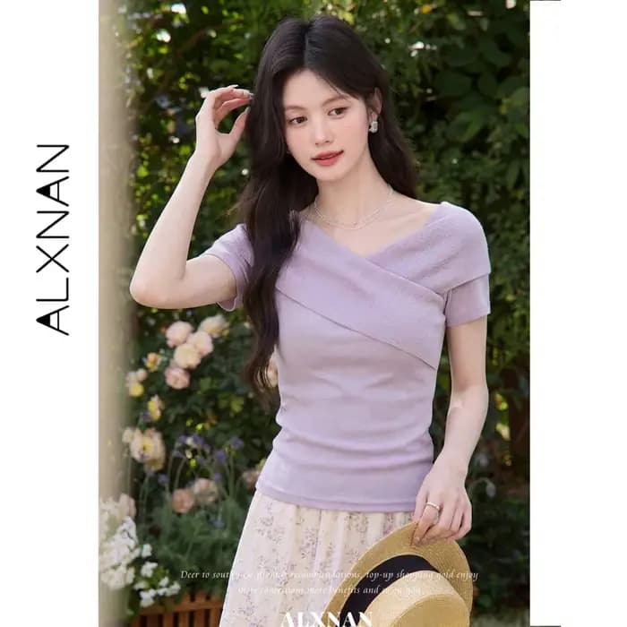 ALXNAN T-shirts noirs 2026 – Nouveauté été – T-shirt en maille à col en V croisé et manches courtes pour femme – Élégant