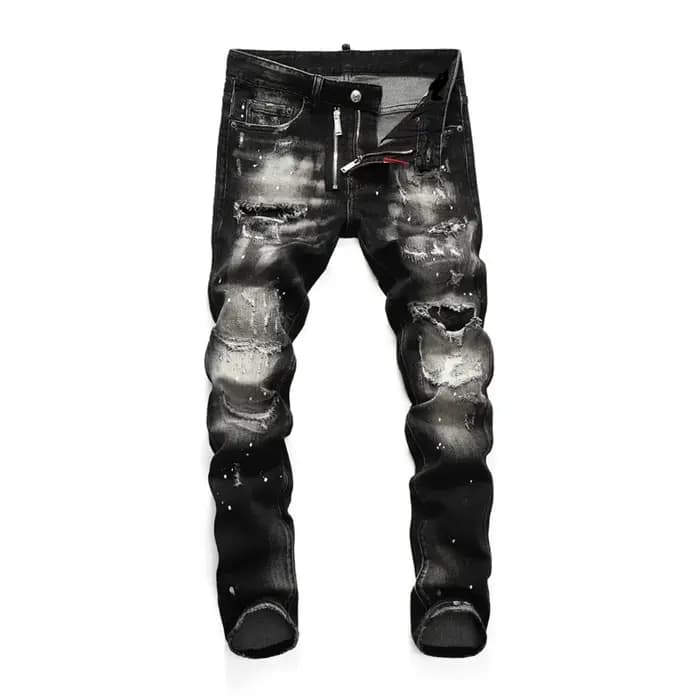 Haute qualité rue mode hommes jean rétro bleu élastique coupe ajustée déchiré jean hommes broderie c