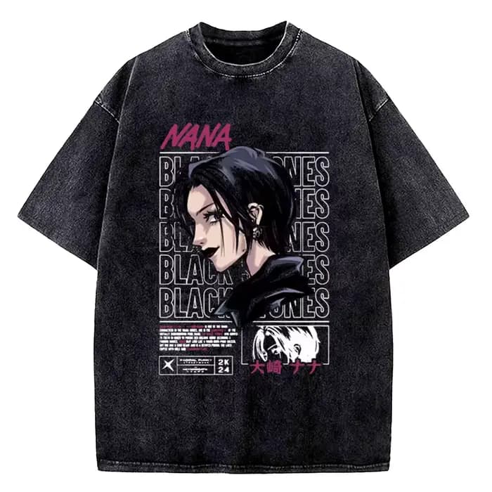 T-shirt vintage délavé Nana Osaki en coton drap fin manches courtes style Harajuku respirant pour homme et femme été