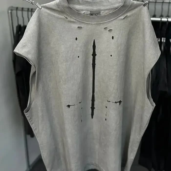 Sans manches Saint réservoir T-shirt hommes femme rétro trou lavé vieux Streetwear bonne qualité surdimensionné haut d'été noir blanc gris