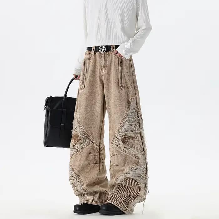 IEFB Streetwear – Jean cargo déchiré et patchwork pour homme