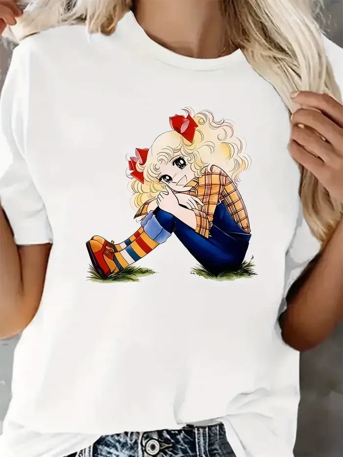 Femmes mignon dessin animé bonbons bonbons personnage imprimé T-Shirt décontracté sportif noir avec