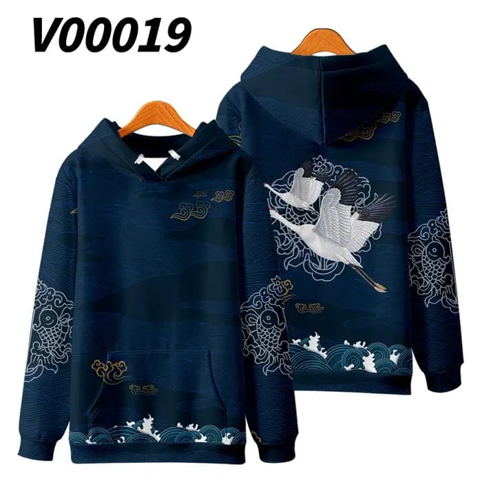 Sweat à capuche imprimé grue Harajuku pour hommes et femmes