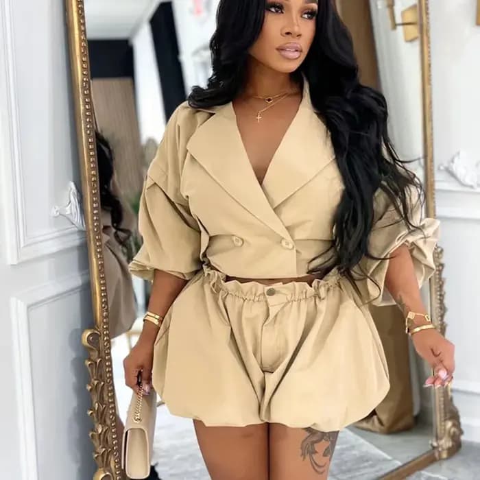 Ensemble 2 pièces Doyerl Streetwear pour femme : Veste croisée à col cranté et short – Idéal pour les soirées et clubs