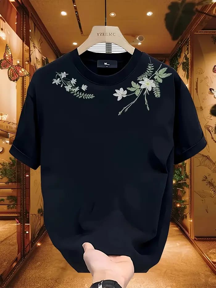 T-shirt pour homme 100% coton avec broderie florale délicate