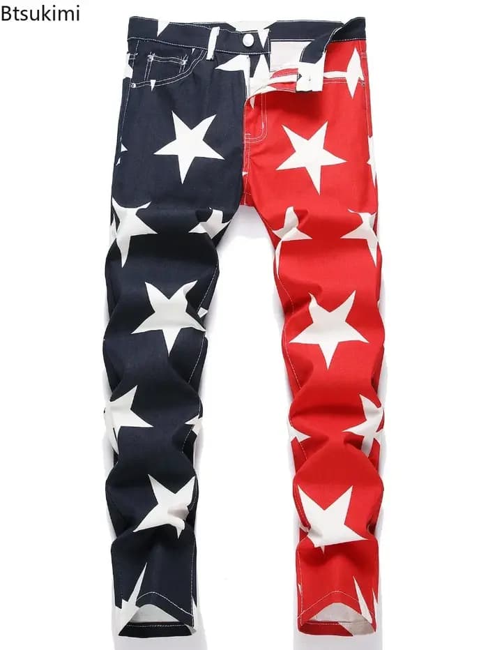 Nouvelle Collection 2026 – Jean Homme Tendance Y2K Imprimé Étoiles – Pantalon en Denim Extensible Couleurs Fantaisie – Coupe Slim Droite Printemps