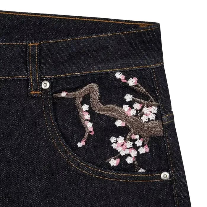 Y2K Harajuku jean Goth vintage fleur de prunier motif brodé pantalon à jambes larges hommes femmes denim tissu style