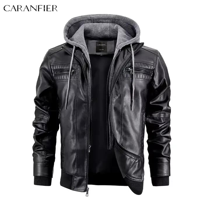 CARANFIER hommes veste en cuir PU mâle Moto Biker à capuche manteaux de luxe vêtements Faux Vintage