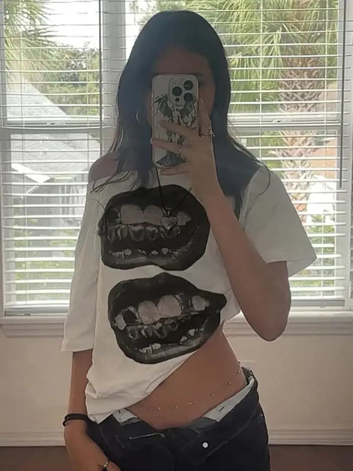 American Street Hip Hop bouche imprimé T-shirt ample femmes personnalisé haut décontracté