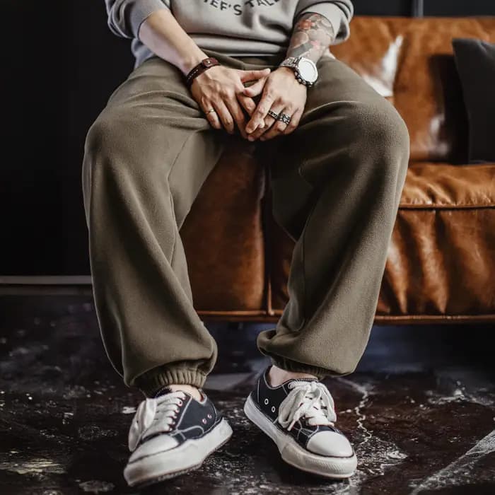 Maden Vintage hommes pantalon de survêtement en polaire brossé vert Olive pantalon thermique taille