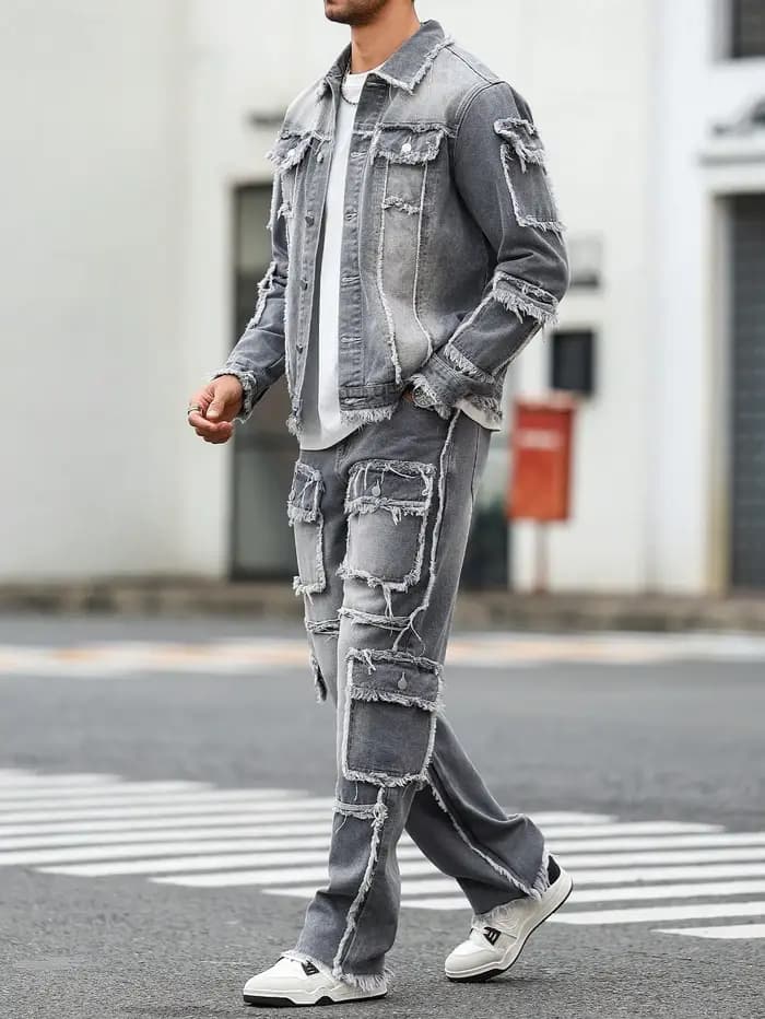 Ensemble en denim gris délavé à ourlet brut
