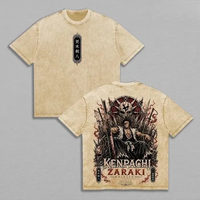 T-shirt imprimé Zaraki Kenpachi, vêtements d'anime BLEACH, t-shirts en coton pour hommes et femmes, t-shirt vintage lavé, t-shirt Harajuku pour homme, t-shirt surdimensionné