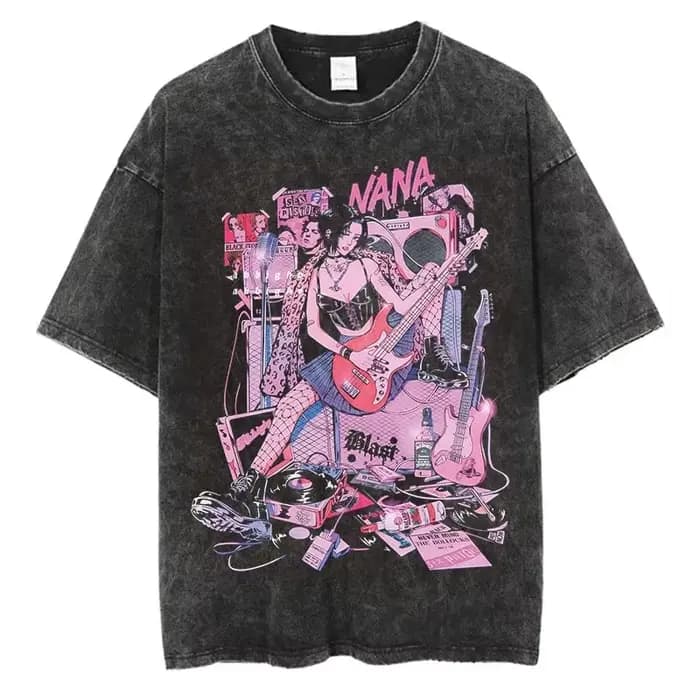 T-Shirt délavé Vintage imprimé dessin animé japonais Nana Osaki, Streetwear Harajuku, T-Shirt graphi