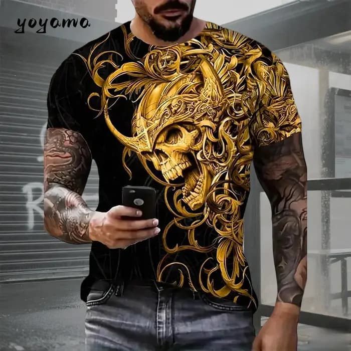 T-shirt pour homme avec motif crâne imprimé en 3D. Vêtements d'été rétro décontractés et sportifs à manches courtes