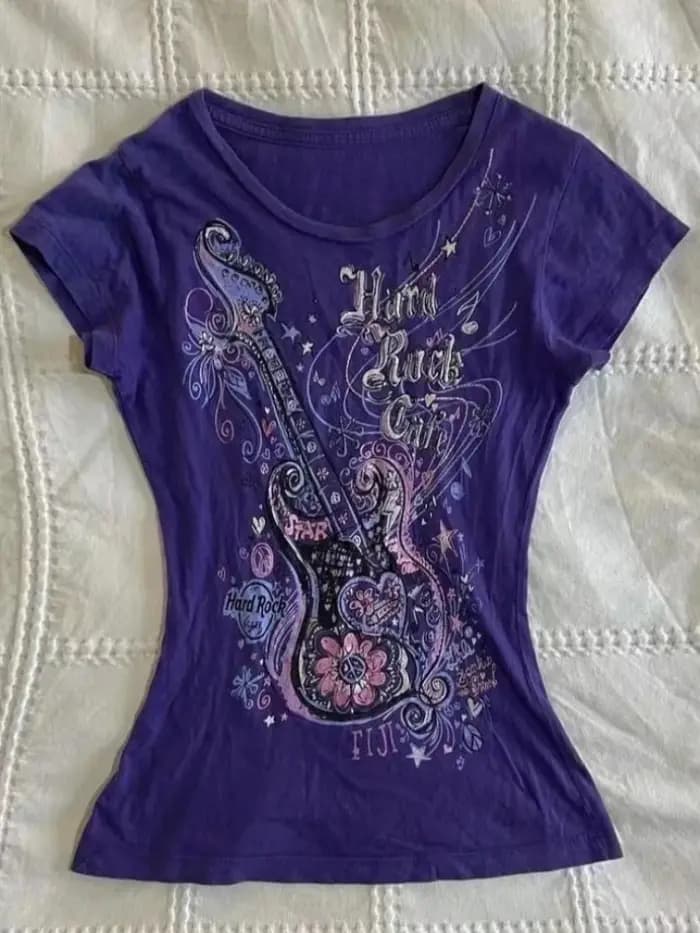 Femmes sous-culture Vintage violet imprimé T-Shirt été Y2k américain rétro mince t-shirts décontract