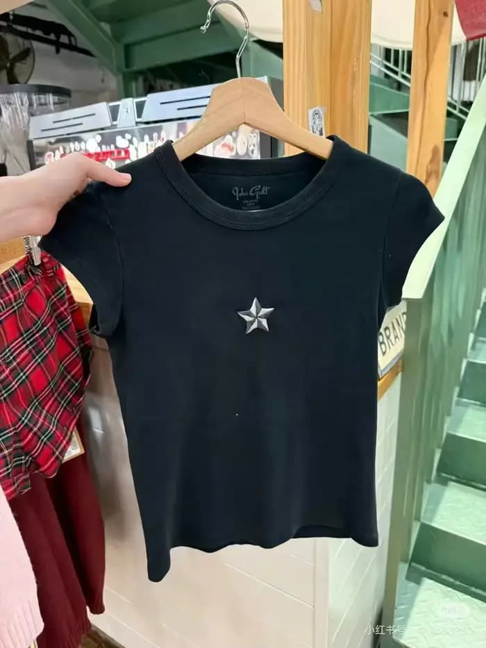 T-shirts rétro à imprimé étoile à cinq branches pour femmes, streetwear, coupe ajustée, polyvalents, manches courtes, t-shirts vintage chics et simples, tops Y2K