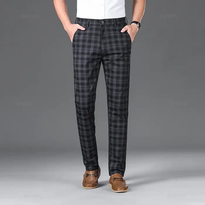 OUSSYU marque vêtements haute qualité pantalons à carreaux hommes classique affaires coton décontracté pleine longueur