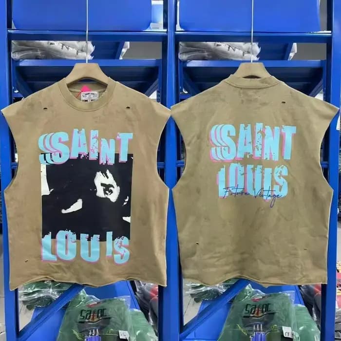SAINT Débardeur Vintage Homme Sans Manches Effet Vieilli Délavé Style Rétro Streetwear Coupe Ample T-shirt Court