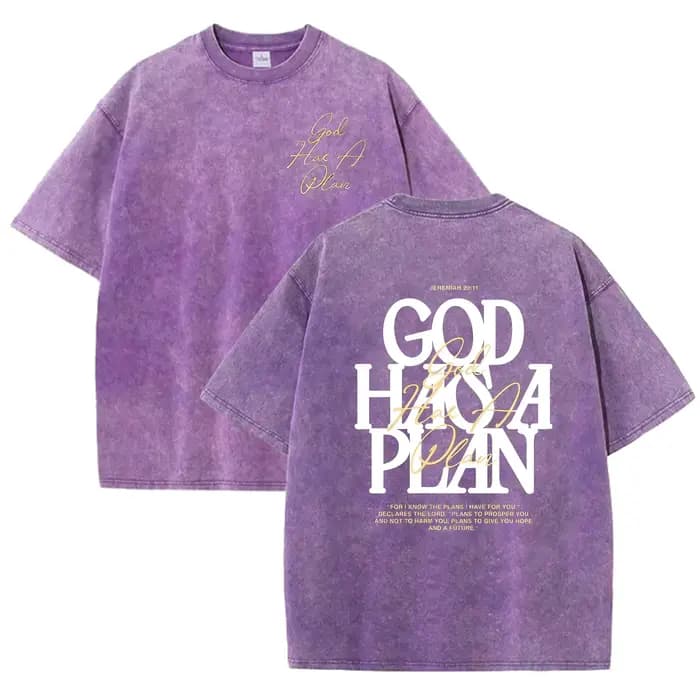 T-shirt vintage délavé double face avec impression 'God Has A Plan' et 'Christian Letter'