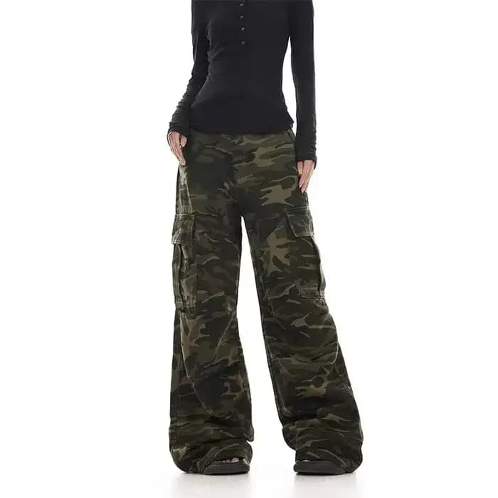 Pantalon de travail camouflage au design délavé rétro américain pour hommes et femmes, jambe droite