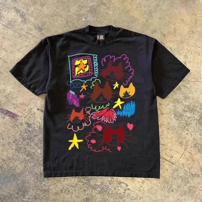 Cloud cat art graffiti imprimé niche T-shirt à manches courtes pour hommes et femmes, haut décontrac