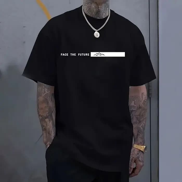 T-shirt Homme Imprimé « Face the Future » – Collection Été 2026 – Décontracté Quotidien – Manches Co
