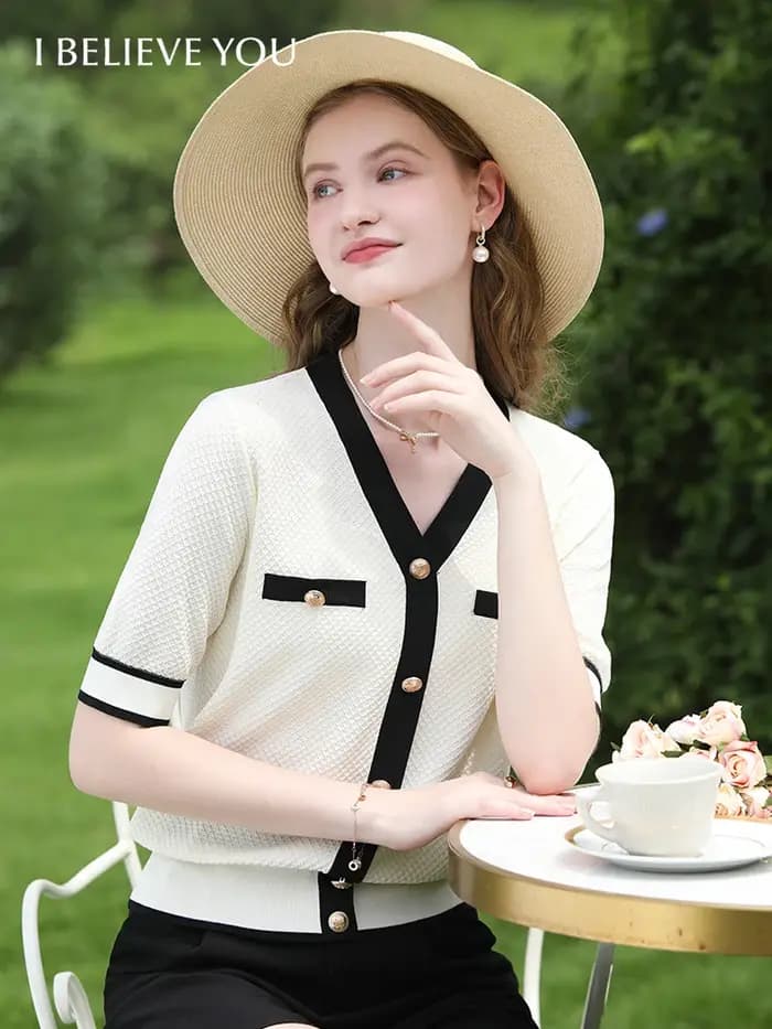 Je crois que vous femmes françaises été tricots petit parfum Style col en v à manches courtes Blouse 2025 nouvelle dame pulls 2242145814