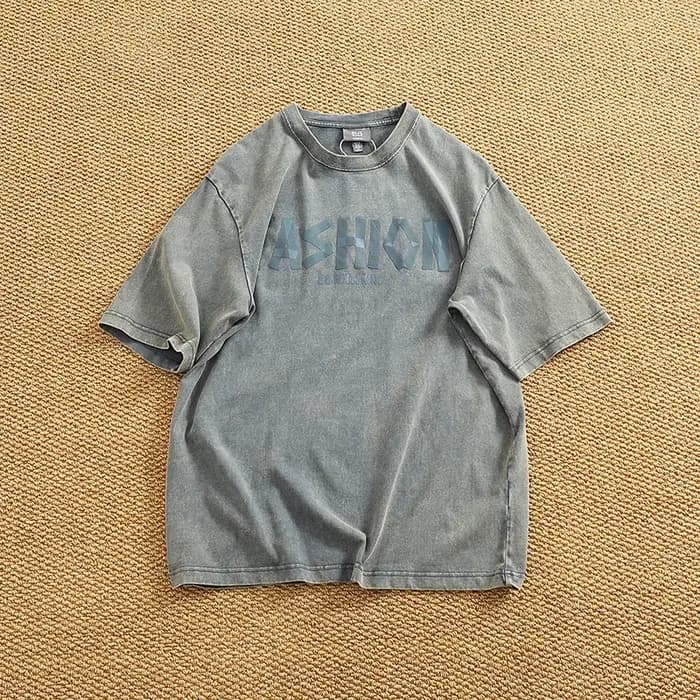 Lavage lourd pour faire vieux T-shirt homme manches courtes américain rétro ample batik coton col rond épaules dénudées demi manches T-shirt
