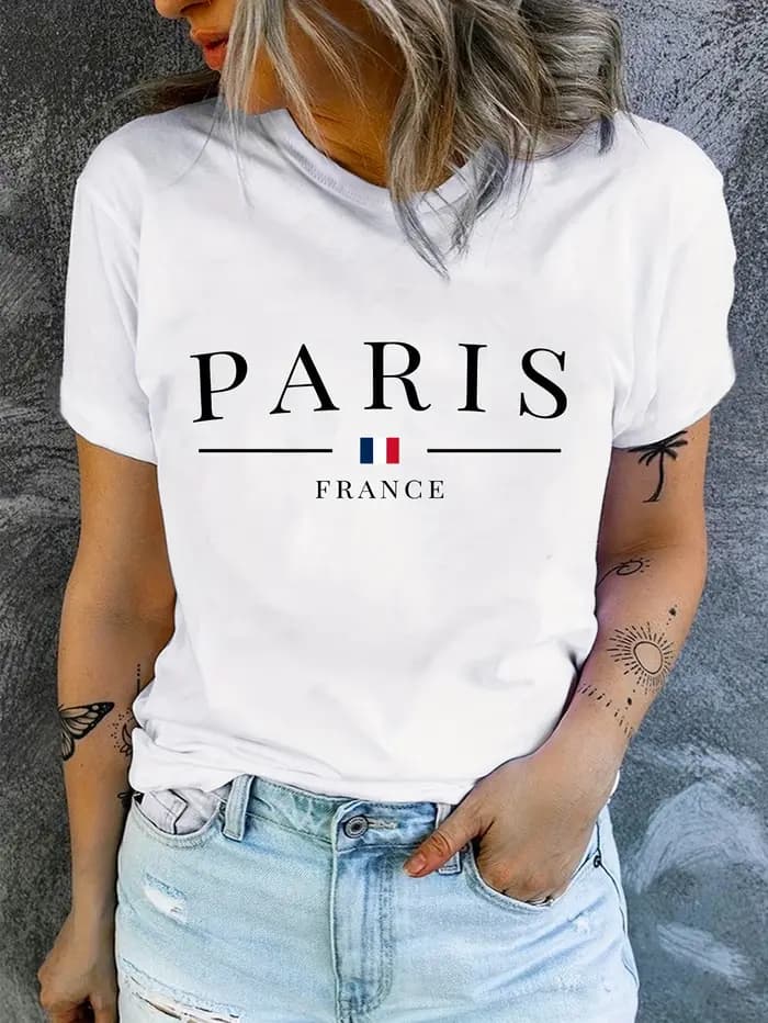 PARIS France T-shirt décontracté à col rond - Motif géométrique Longueur régulière Vêtements d'été Doux et confortable