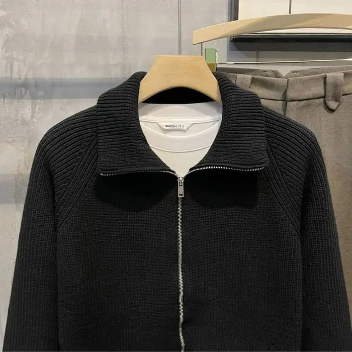 Vêtements pour hommes veste zippée pull en tricot homme fermeture éclair plaine vert couleur unie Cardigan avec poches manteau 2025 tendance coupe ample V