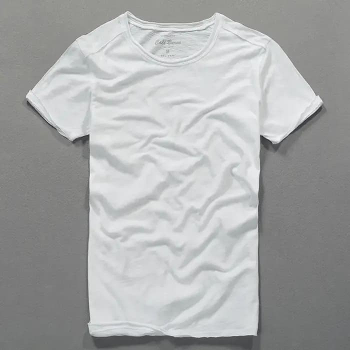 T-shirt col rond pour hommes en coton flammé en détresse mode d'été mince décontracté couleur unie col effiloché et