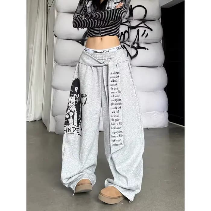 ZHIZOU femmes gris gothique Baggy Y2k lettre impression pantalon Harajuku années 2000 Vintage surdim