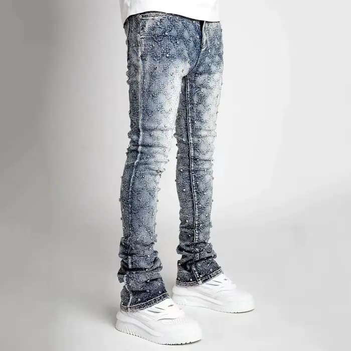 2025 nouveaux hommes jean mode droite Stretch perle Denim laminé pantalon
