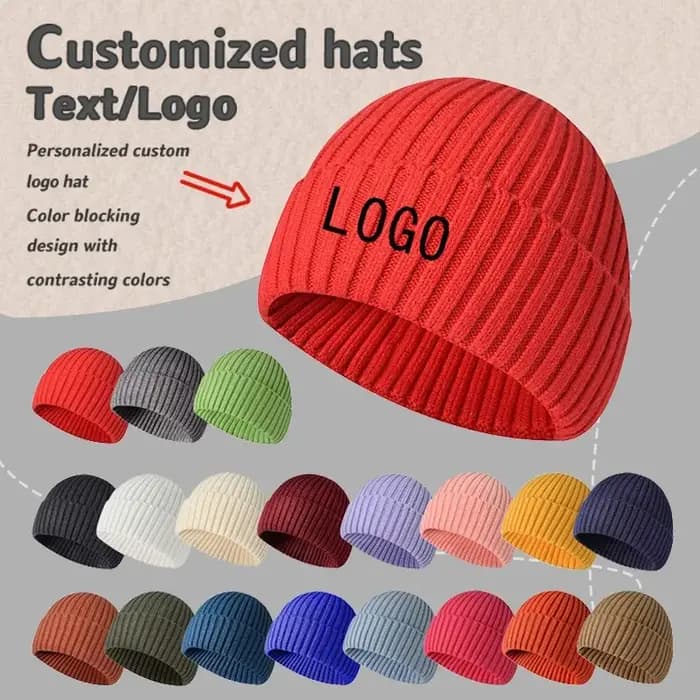 Logo brodé personnalisé hiver tricoté pull chapeau couleur unie chaud décontracté hommes et femmes à bord court crâne bonnet Gorras