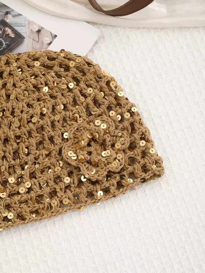 1 pièce : Bonnet en tricot ajouré à sequins style bohème