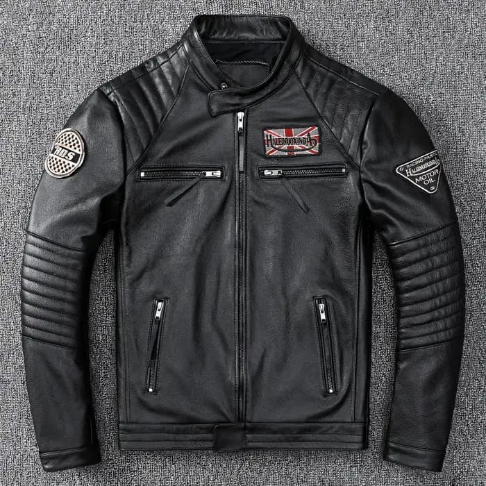 Veste de moto en cuir deux couleurs pour hommes