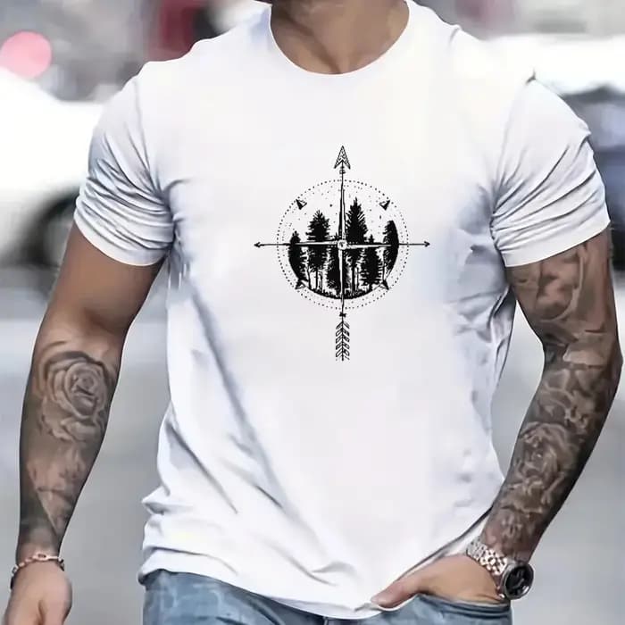 T-shirt pour homme 100% coton imprimé boussole avec rose