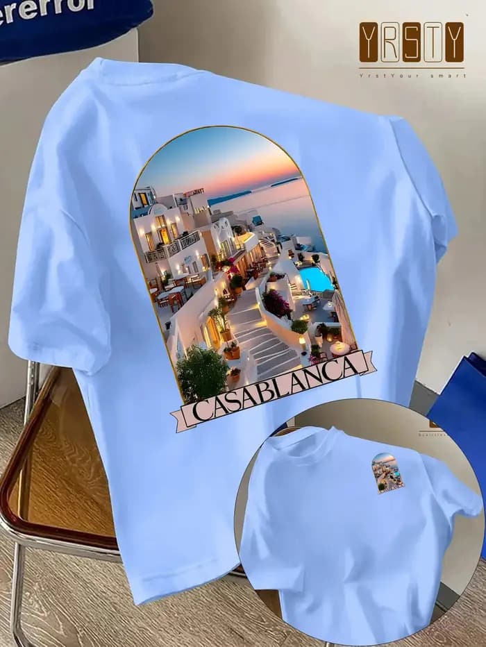 Nouveau T-shirt d'été tendance pour homme avec motif paysage côtier grec, coupe ample confortable, 1