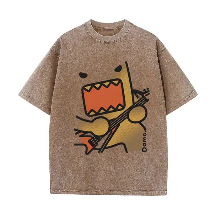 T-shirt décontracté marron délavé vintage avec imprimé graphique guitare rock Domo