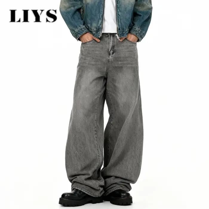Jean Américain Rétro Baggy à Jambes Larges Gris Noir pour Homme – Printemps-Été, Style Urbain Quotid