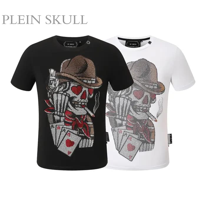 T-shirt PLEIN SKULL de luxe léger à col rond, estampé à chaud, style Hip Hop, streetwear, manches co