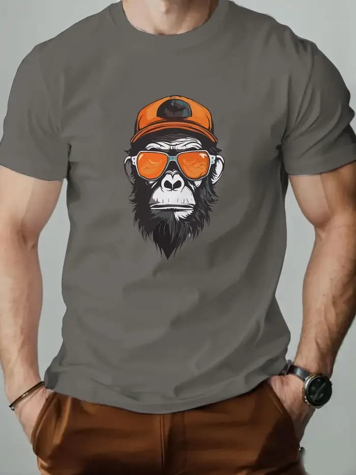 T-shirt graphique Cool Monkey avec lunettes de soleil et casquette pour homme, respirant, 100% coton, parfait pour l'été, streetwear tendance, style décontracté funky