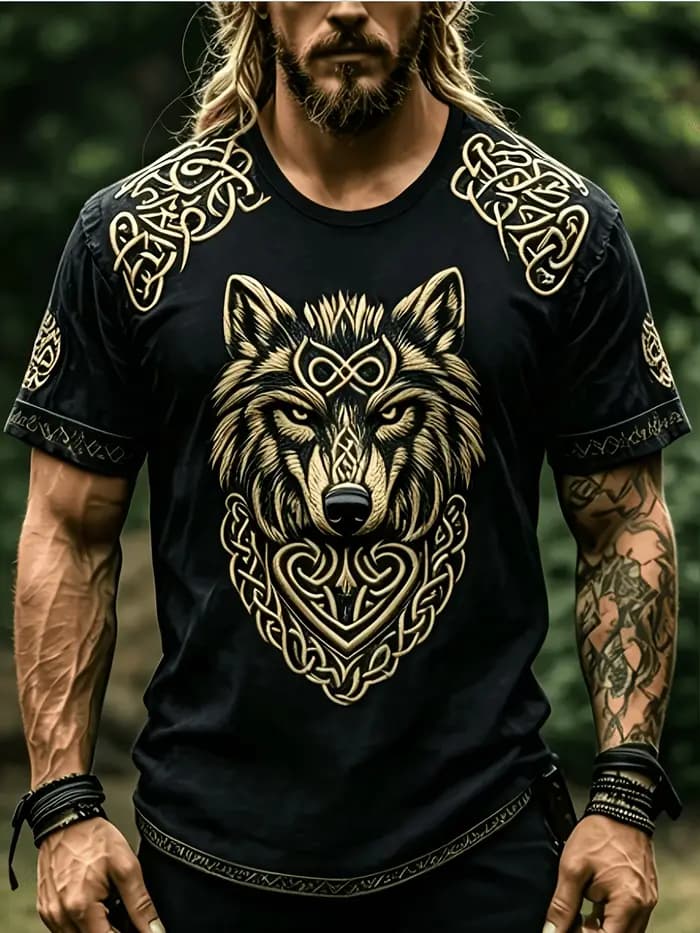 T-shirt décontracté à manches courtes pour homme avec motif tête de loup : style élégant, tendance e