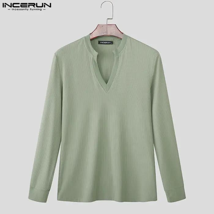 INCERUN hommes t-shirt couleur unie col en V à manches longues tricoté Streetwear mâle